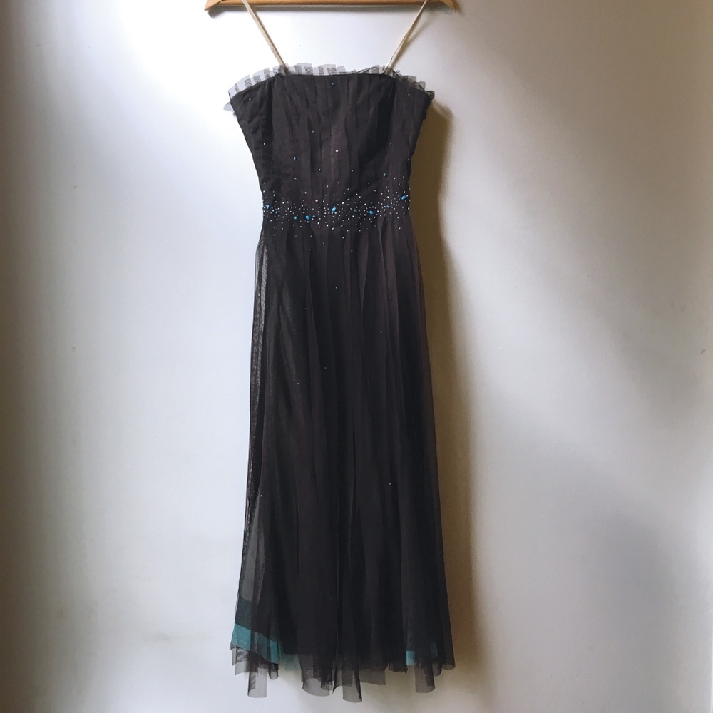 BCBGMaxAzria Brown Tulle Turquoise Beaded Straples